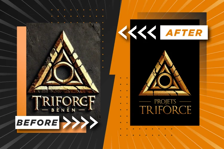 Before and after comparison of a gold Triforce logo