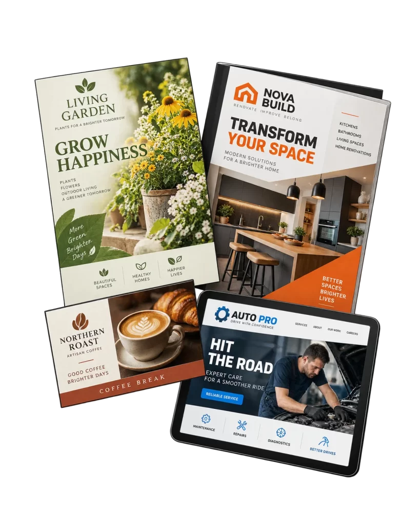 Examples of custom logos, business cards, brochures and posters
