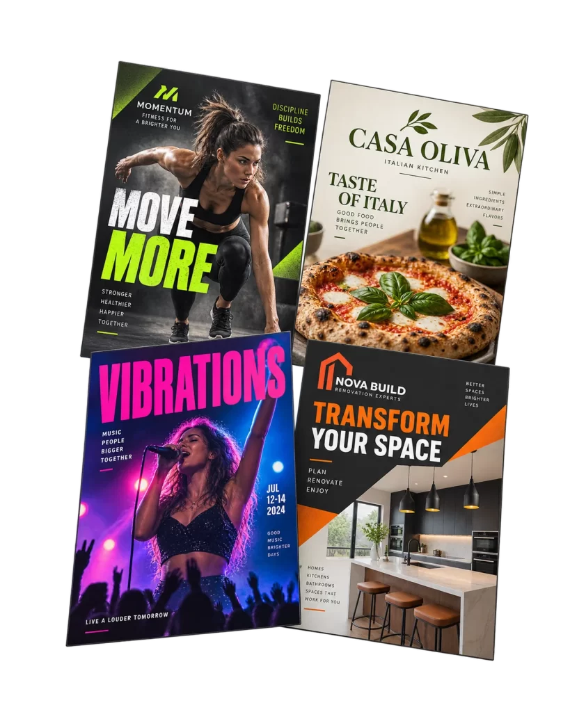 Examples of custom advertising posters designed for events and businesses