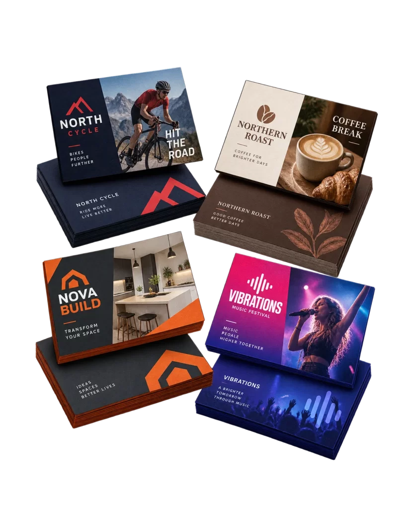 Examples of custom business cards shown in a mockup