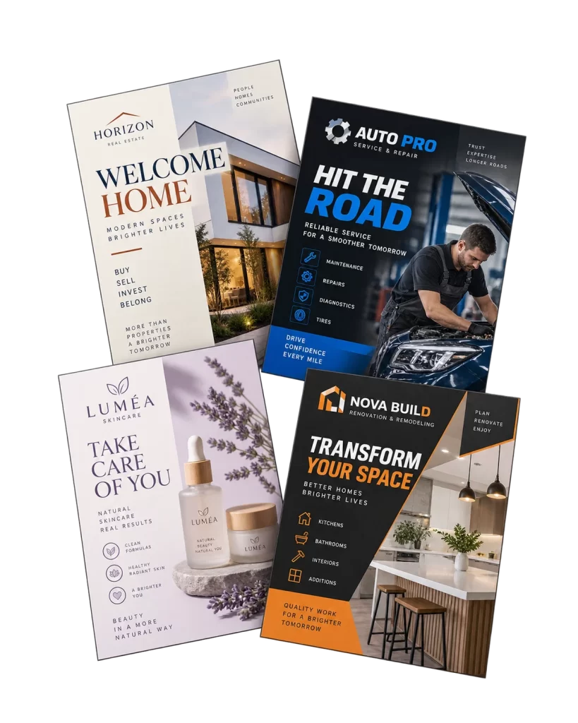 Examples of custom flyers designed for businesses in a variety of industries