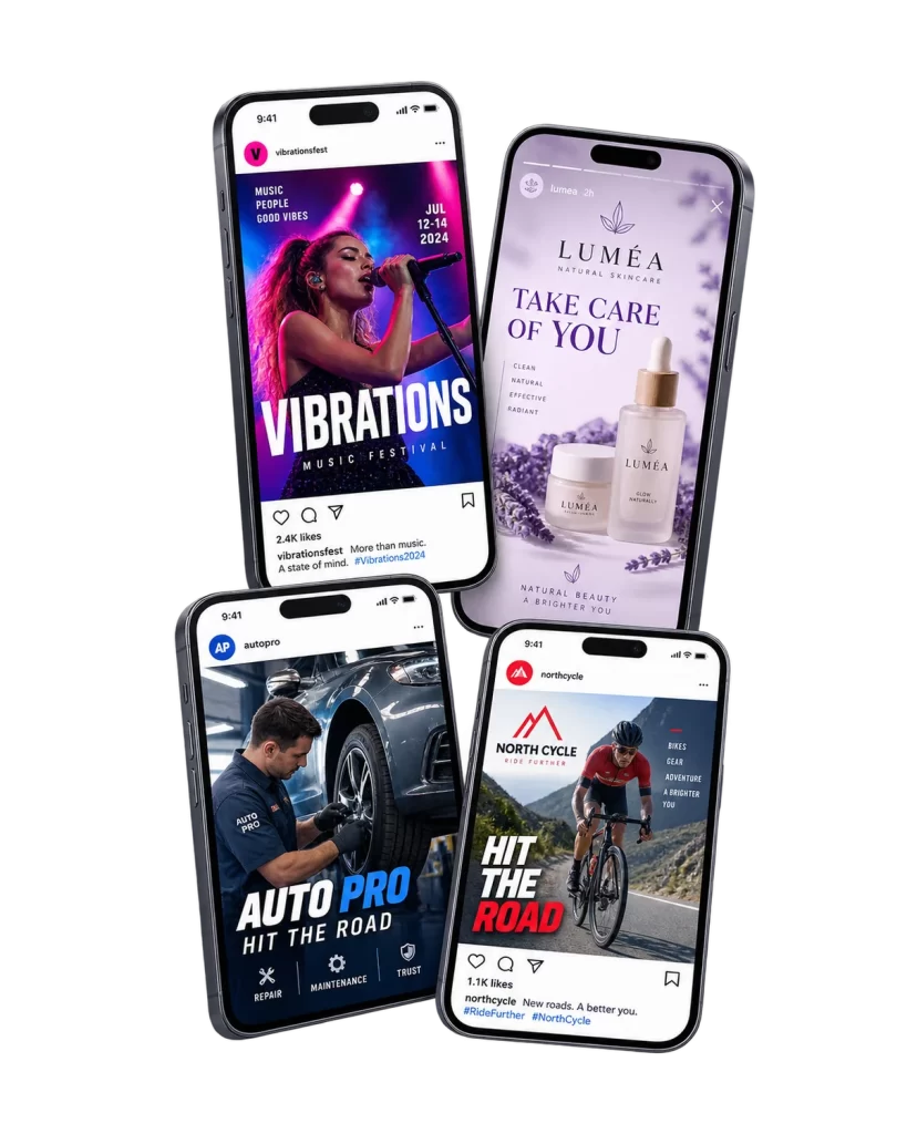 Examples of custom social media visuals: posts, stories and banners