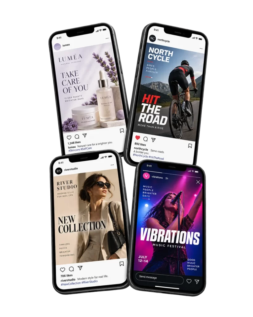 Examples of custom Instagram posts, stories and carousels