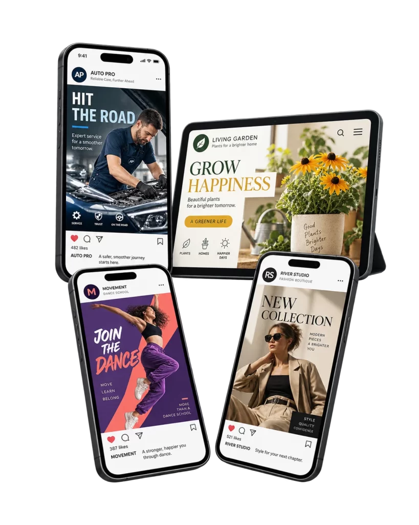 Examples of custom LinkedIn visuals: banner, post, carousel and story