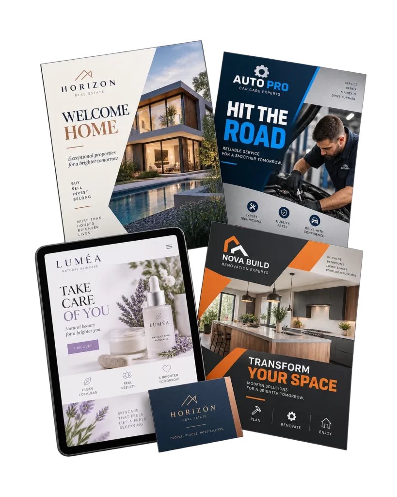 Custom logos, print materials, social media visuals and websites