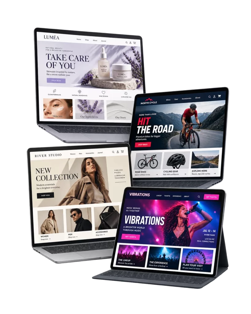 Examples of websites, landing pages and online stores displayed on desktop, tablet and phone