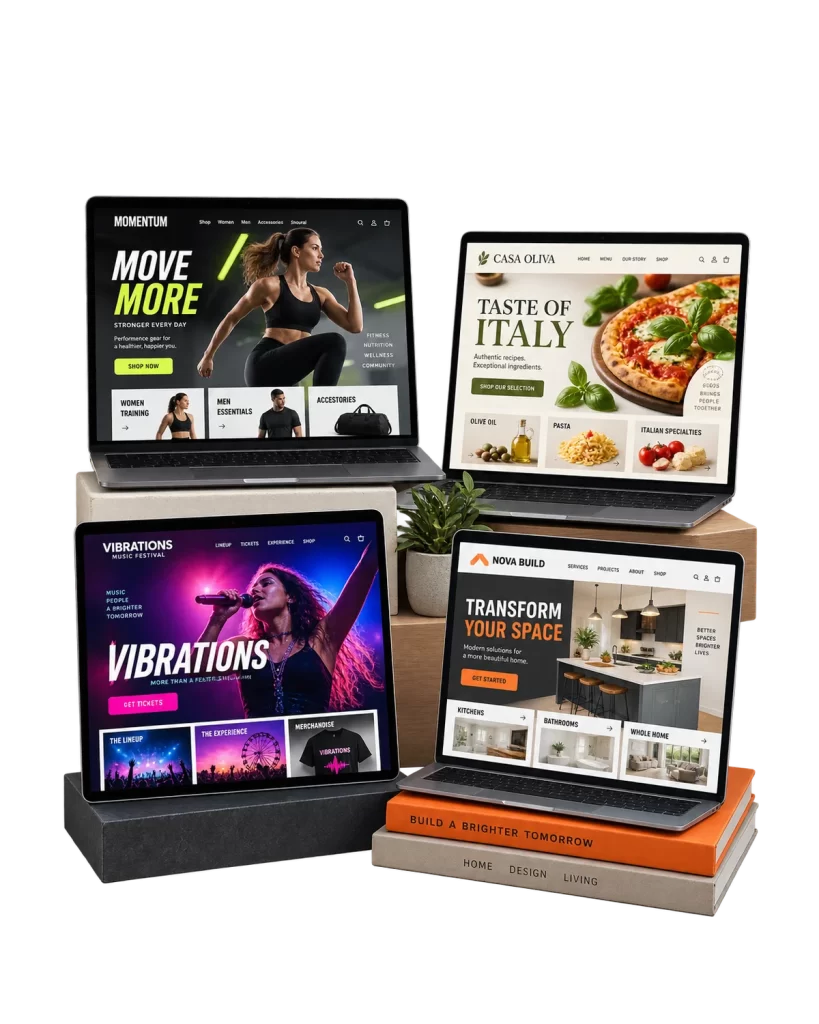 Examples of Shopify online stores displayed on desktop and phone
