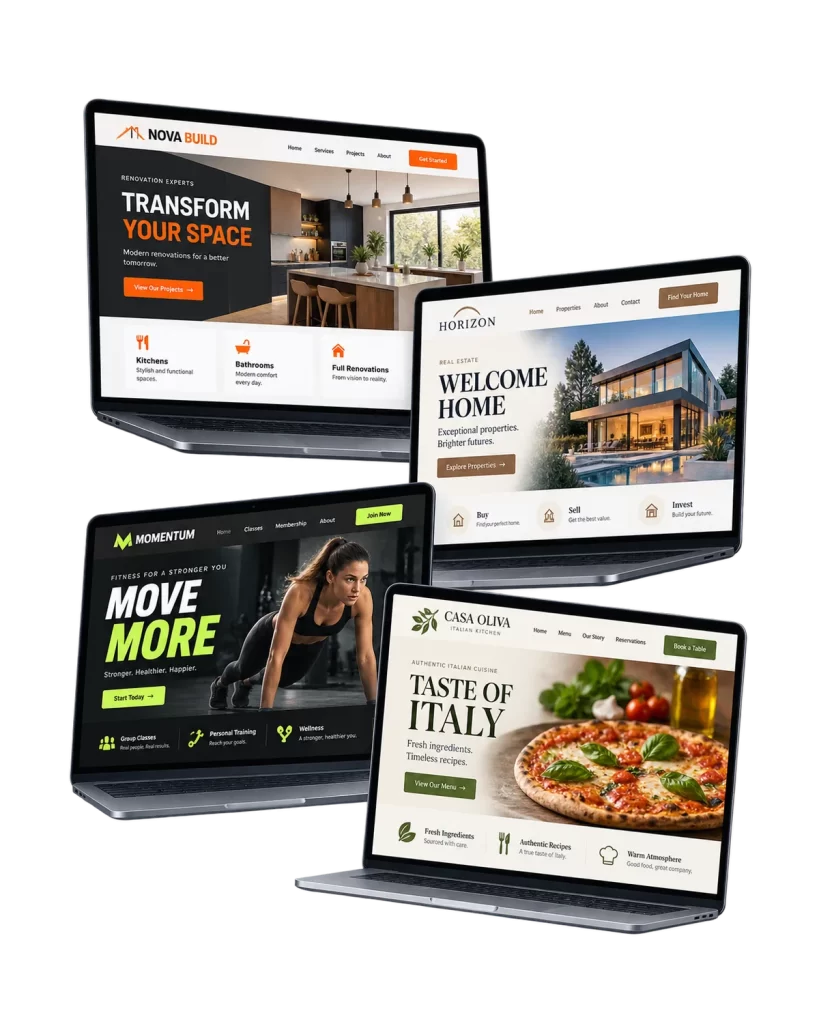 Custom website mockups displayed on desktop, tablet and phone