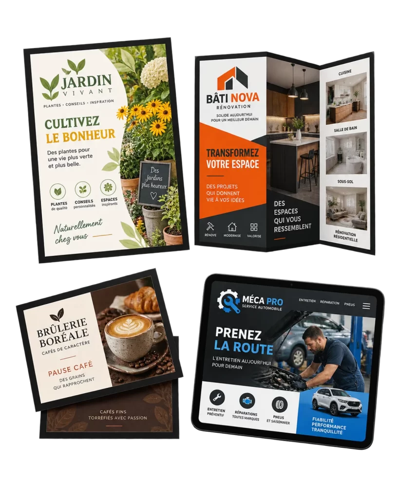 Exemples de logos, cartes d’affaires, brochures et affiches créés sur mesure