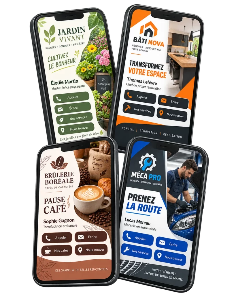 Cartes de visite numériques cliquables affichées sur des écrans de téléphone