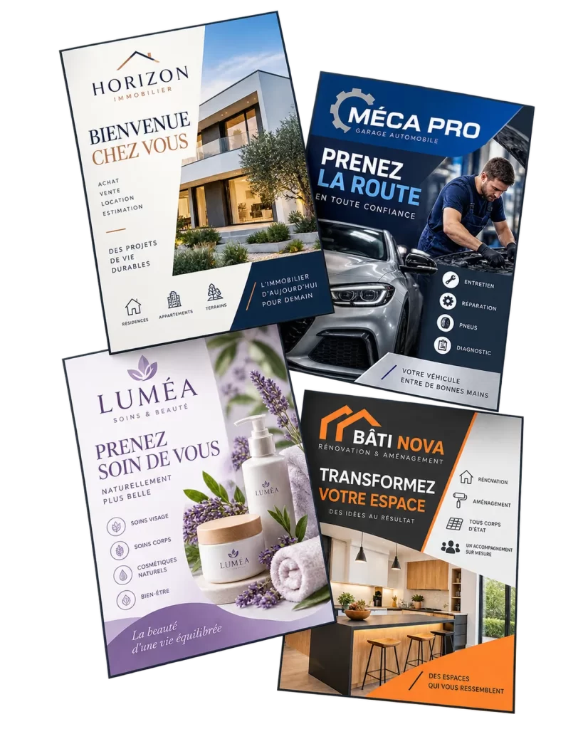 Exemples de flyers créés sur mesure pour des entreprises de secteurs variés
