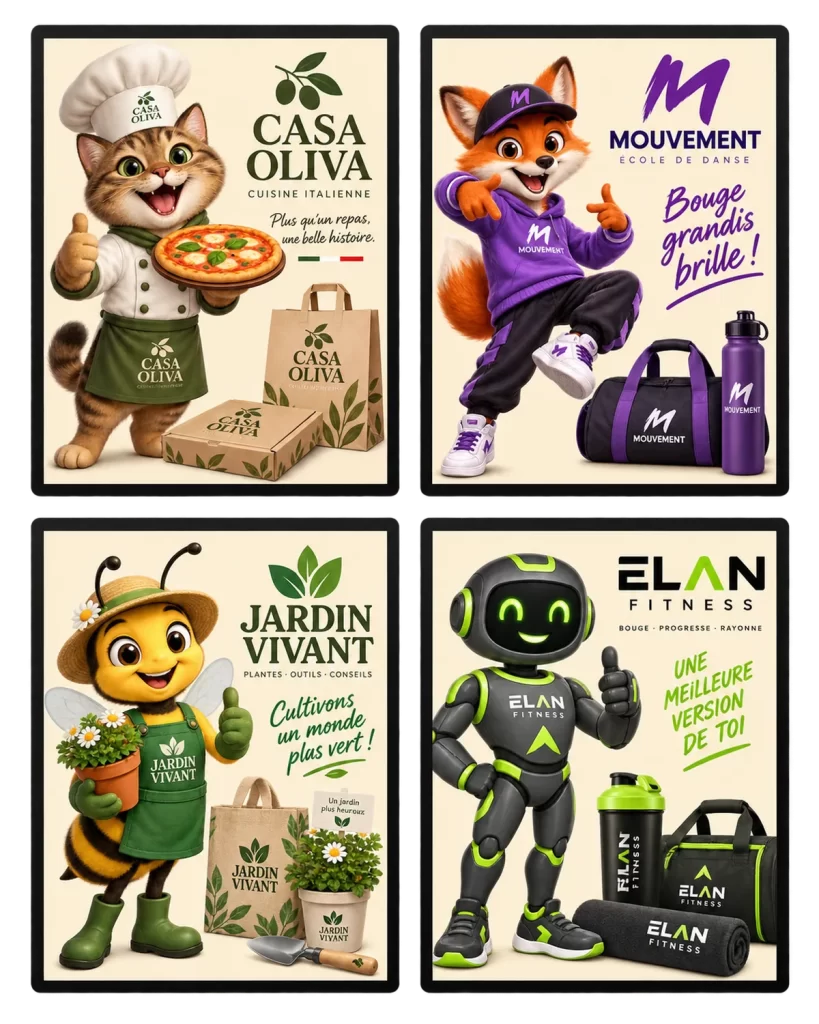 Exemples de mascottes illustrées créées sur mesure pour des marques