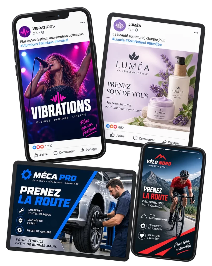Exemples de visuels Facebook créés sur mesure : publications, bannière de couverture et publicités