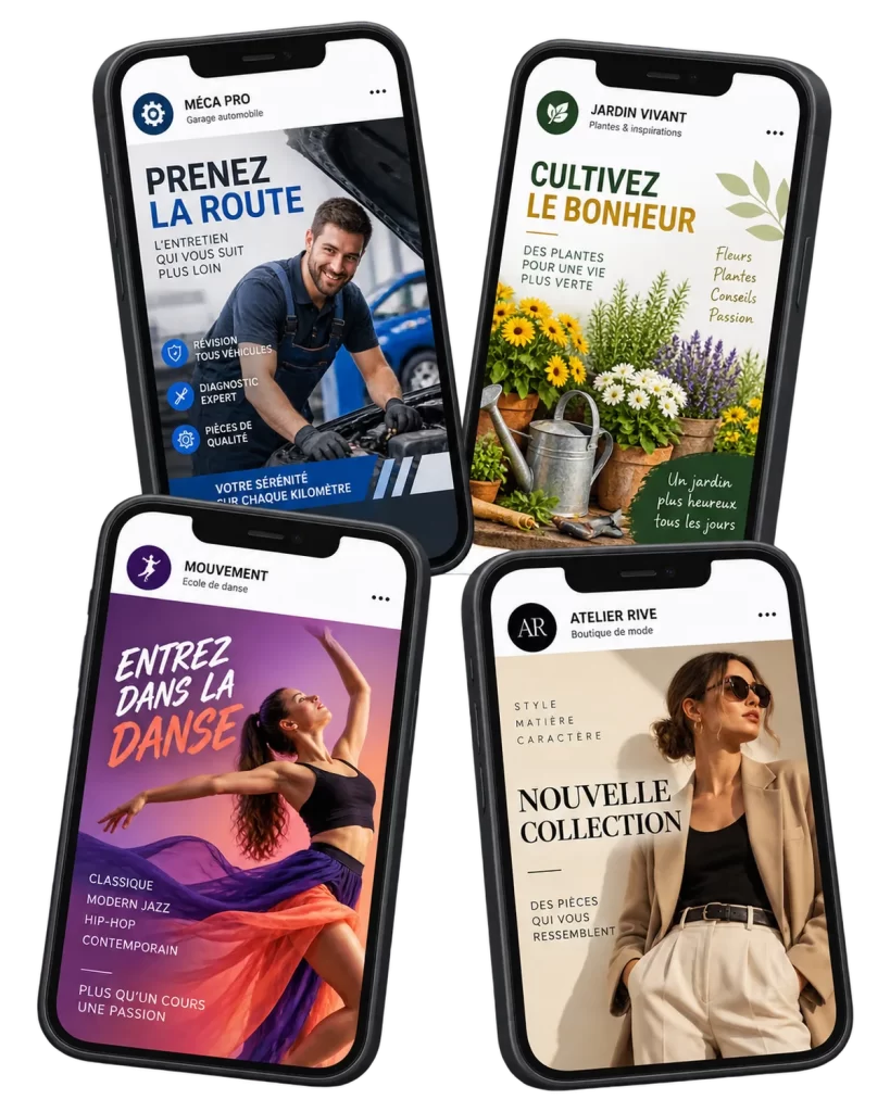Exemples de publications Facebook créées sur mesure pour des entreprises de secteurs variés
