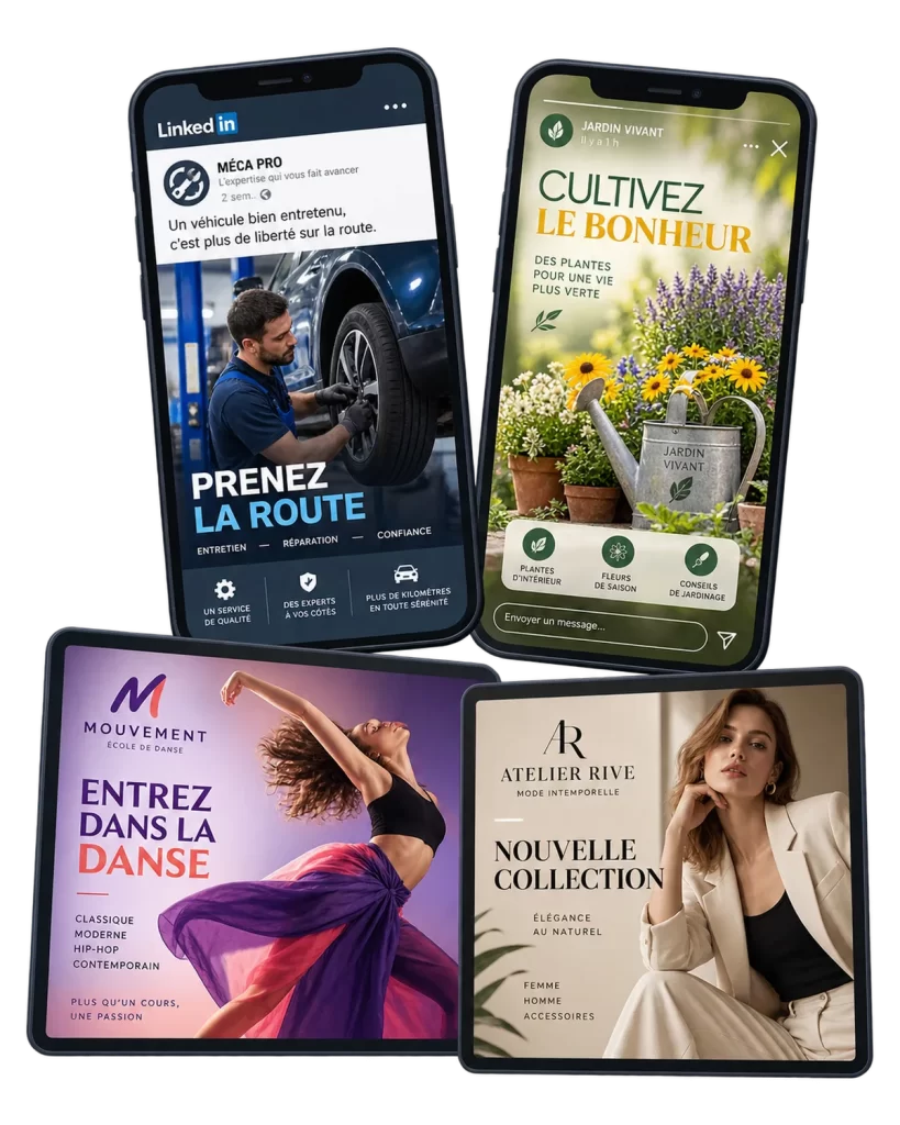 Exemples de visuels LinkedIn créés sur mesure : bannière, publication, carrousel et story