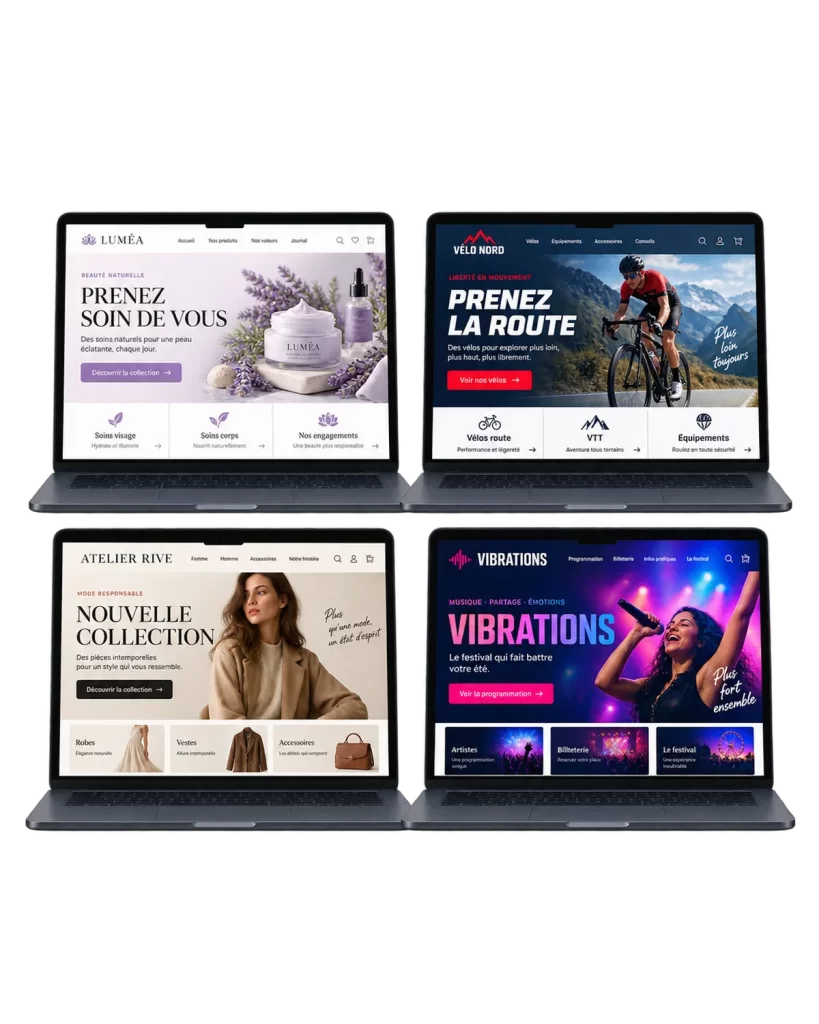 Exemples de sites internet, de landing pages et de boutiques en ligne affichés sur ordinateur, tablette et téléphone