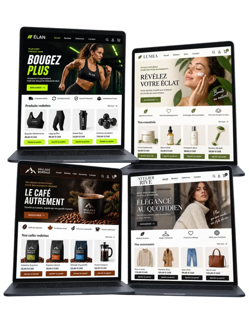 Exemples de boutiques en ligne Shopify affichées sur ordinateur et téléphone